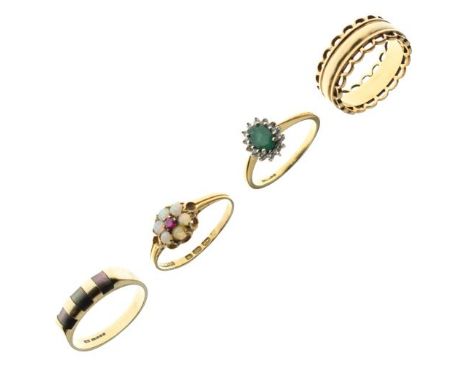 18ct gold, ruby and opal cluster ring, 18ct gold, diamond and emerald-coloured stone cluster ring, and two other dress rings,