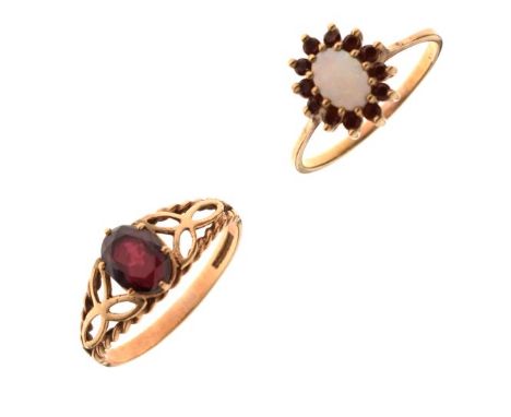9ct gold and red stone ring, size T 1/2, together with an unmarked yellow metal, opal and red stone dress ring, size S, combi