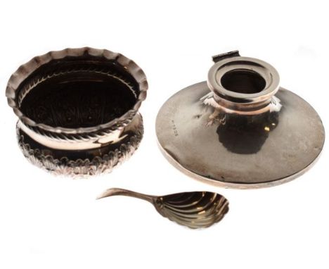 Victorian embossed silver sugar bowl, London 1898, George V silver capstan inkwell, Birmingham 1929 and a George III silver c