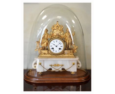 19th Century French gilt spelter and alabaster mantel clock having figural decoration depicting country folk, white enamel di