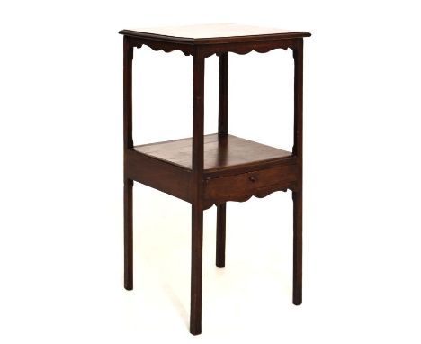 Early 19th Century square washstand with moulded square top and shaped apron over under shelf and frieze drawer on chamfered 
