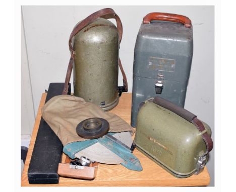 Vintage surveying tools to include; Hilger Watts Autoset Level, with green painted finish in matching case, together with two