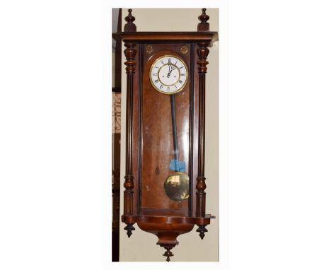 Late 19th Century walnut and beech cased Vienna style wall clock, the white enamel dial with Roman numerals, twin weight move