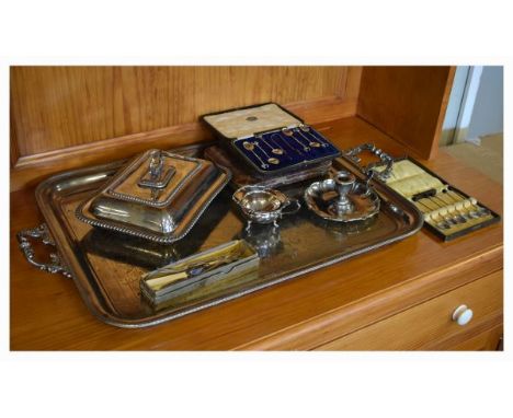 Good quality Victorian silver-plated two handled tray of rounded oblong form with foliate engraving to field within gadrooned