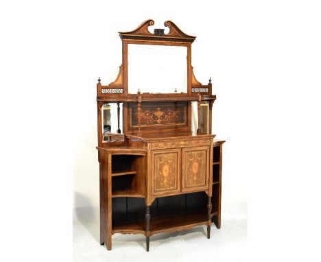 Late Victorian Sheraton Revival marquetry inlaid rosewood chiffonier, the raised bevelled mirror panel back with a swan neck 