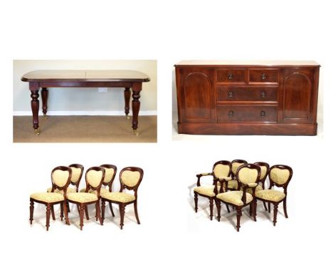 Reproduction Victorian style mahogany finish twelve piece dining suite comprising: rectangular top extending table fitted two