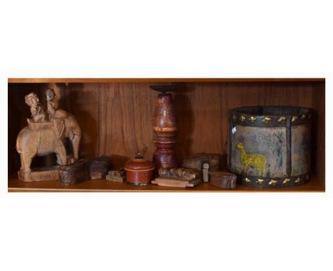 Assorted Eastern wooden wares to include; carved elephant group, iron-bound pail decorated with animals, pricket candlestick 