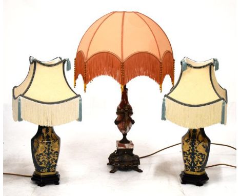 Reproduction gilt metal-mounted marble table lamp, together with a pair of Chinese-style lamps (3)   Condition: 