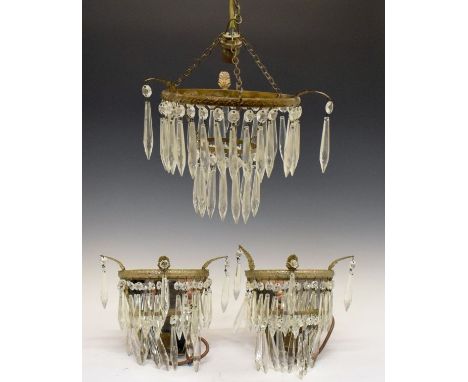 Pair of vintage mirror-backed wall lights each with bayonet socket beneath D-shaped frame supporting lustre drops, together w