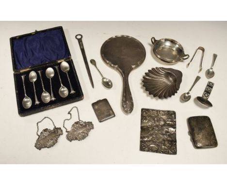 Various silver including; Elizabeth II skewer design paper knife, Sheffield 1977, pair of Elizabeth II decanter labels, Birmi