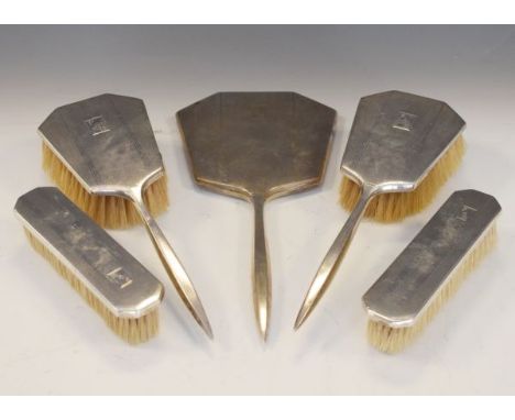 Colonial silver five piece brush set having engine turned decoration stamped 'Silver'   Condition: 