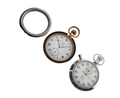 Gold plated cased top wind pocket watch, the white enamel dial with Roman numerals and subsidiary seconds dial, together with