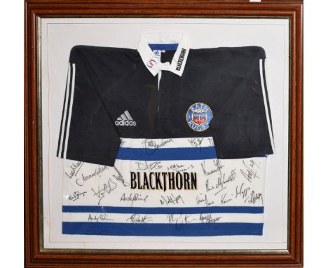 Sporting Memorabilia - Signed Bath Rugby shirt with over 20 signatures to include Jeremy Guscott, framed and glazed   Conditi