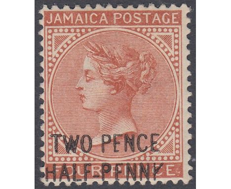 STAMPS JAMAICA : 1890 2 1/2d on 4d Red Brown, PFNNY for PENNY ad K for Y, lightly mounted mint SG 30ca