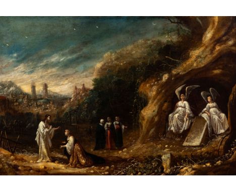 Flemish school of the 17th century."Resurrected Christ appears in front of Mary Magdalene".Oil on copper.Illegible signature 