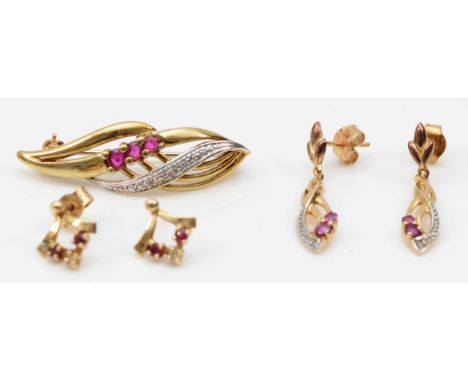 A 375 gold pink sapphire and eight cut diamond floral brooch,  33 x 10mm, with a pair of matching drop earrings, and another 