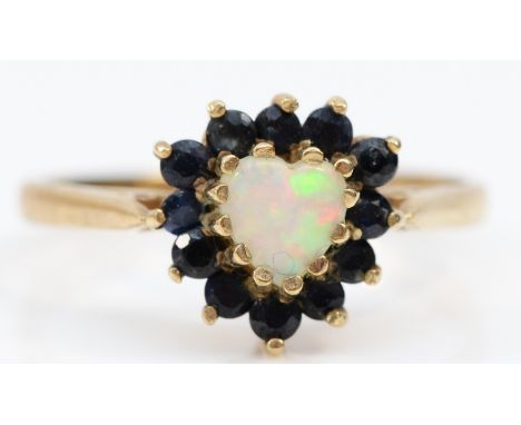 A 9ct gold opal and sapphire heart shape cluster ring, N 1/2, 2.2gm