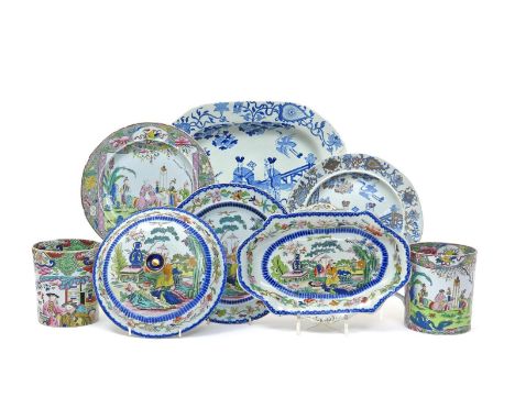 Five Mason's Ironstone dishes  19th century, variously decorated with scenes of Chinese figures in garden settings, including