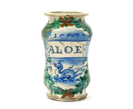 A small Deruta maiolica albarello or pill jar  dated 1557, inscribed 'ALOE' in a cartouche above a small duck swimming, withi
