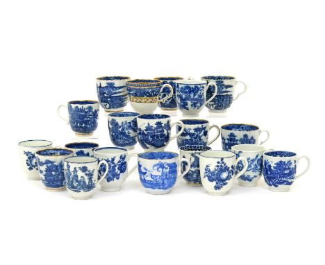 Twenty Caughley blue and white coffee cups  c.1780-90, of varying form, printed with patterns including The Temple, Banana Tr