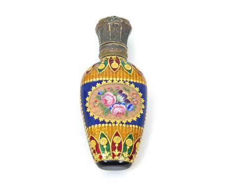 A Continental glass and enamel scent flask  19th/early 20th century, the flattened form decorated with gilded flowers over co