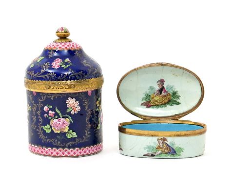 A Continental enamel cylindrical jar with hinged cover  18th or 19th century, the cylindrical body painted with flowers reser