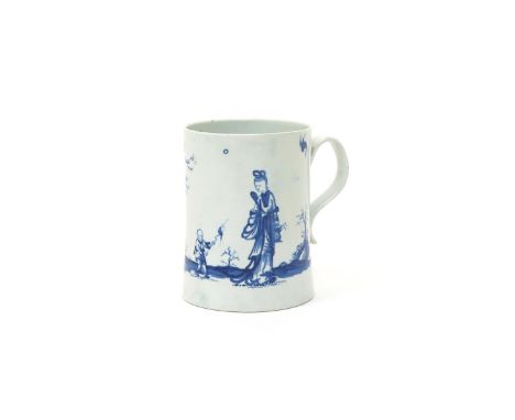 A large Worcester blue and white mug  c.1755-60, the generous cylindrical form with a slightly flared foot, painted with the 