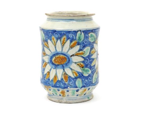 A Sicilian maiolica albarello  mid 18th century, the squat, slightly waisted form painted with large sunflower heads reserved