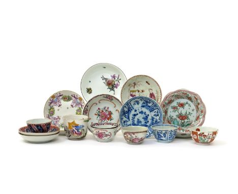 A study collection of porcelain teabowls and saucers  most 18th century, including a Chinese blue and white teabowl from the 