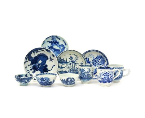 A comparison lot of blue and white teawares  2nd half 18th century, including a Chinese coffee cup, a Worcester teabowl, coff