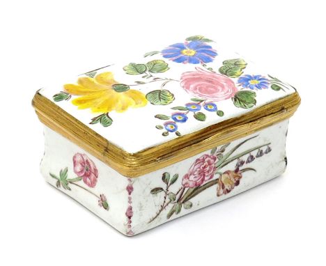 A Continental enamel snuff box  late18th/early 19th century, the rectangular form painted with flowers including rose and con