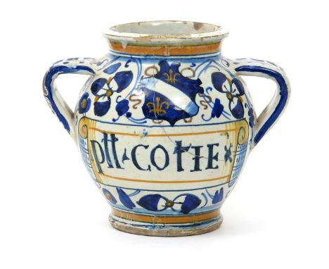 A Montelupo maiolica small armorial albarello or pill jar  early 16th century, the ovoid form applied with two wide strap han