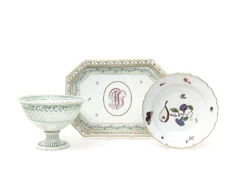 A Vienna rectangular tray and a footed bowl  c.1770-90, the tray painted with monogrammed initials and a continuous leafy bor