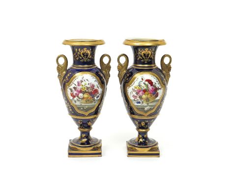 A large pair of English porcelain two-handled vases  c.1820, probably Derby, the ovoid bodies painted with baskets of fruit a