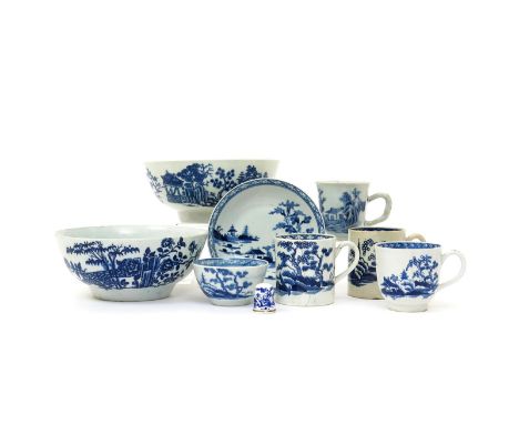 A comparison lot of blue and white ceramics  most 18th century, including a Worcester teabowl and saucer, and a coffee can, a