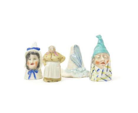 Four Royal Worcester candle snuffers  late 19th century, including Mr and Mrs Caudle dressed in their night attire, The Frenc