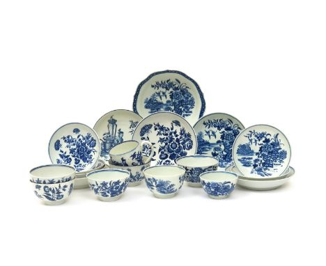 A group of Worcester and Caughley blue and white teawares  c.1770-80, including three Worcester teabowls and five saucers pri