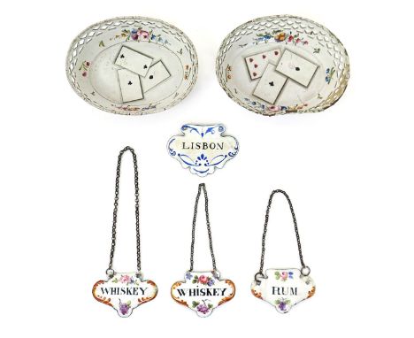Four enamel wine labels  probably late 19th century Samson, three with polychrome flowers and inscribed in black for 'Whiskey