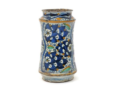A Montelupo maiolica albarello  c.1520, of waisted cylindrical form, boldly decorated with a design of Persian palmettes in b