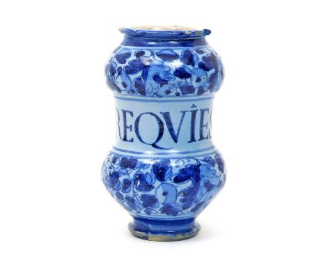 A North Italian maiolica berettino albarello  mid 18th century, the dumbell form inscribed in blue 'REQUIES NICOL' within wid