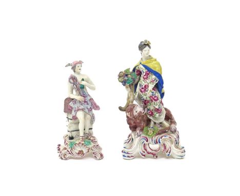 Two Bow figures of Ceres and Mercury  c.1765-70, Mercury holding a caduceus and bottle, standing before a trunk resting on ba
