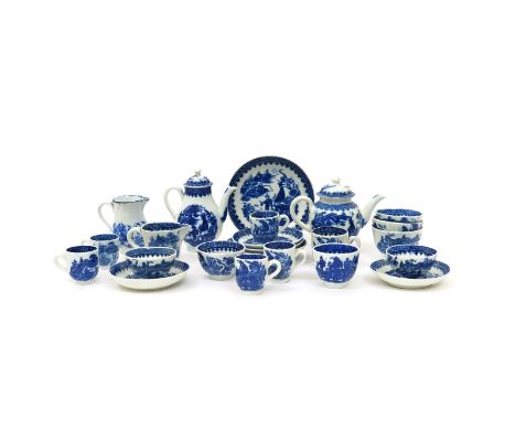 A miniature matched Caughley tea and coffee service  c.1780, printed with the Fisherman and Cormorant pattern. Comprising: a 