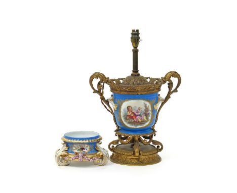 A Sèvres style câchepot  19th century, mounted as a lamp, painted to one side with two children squabbling over fruit, the re