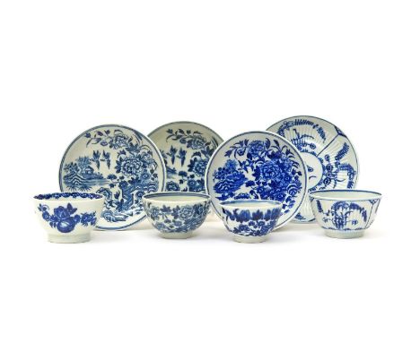 Two Worcester blue and white small or toy-sized blue and white teabowls and saucers  c.1770-80, printed with the Fence patter