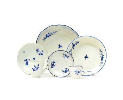 A comparison lot of teawares  18th century, including a Chantilly saucer, a large Caughley saucer, a miniature Worcester coff