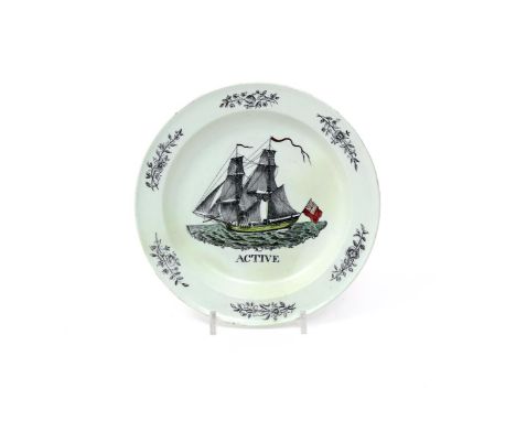 A Liverpool-printed creamware plate of shipping interest  c.1790, printed in black by Sadler and Green with a two-masted ship