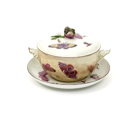 A Chelsea ecuelle with cover and stand  c.1755, finely painted with butterflies, moths, insects and a caterpillar, the trembl