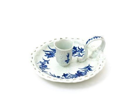 A rare Worcester blue and white chamberstick  c.1770, painted with the Chamber Candlestick Florals pattern, the circular drip