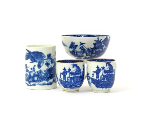 A Caughley blue and white mug  c.1780, printed with the Parrot Pecking Fruit pattern, two Caughley coffee cups painted with t