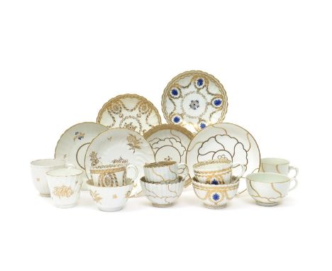 Four Caughley or Worcester trios and two cups and saucers  late 18th century, two trios decorated with versions of the Gold Q